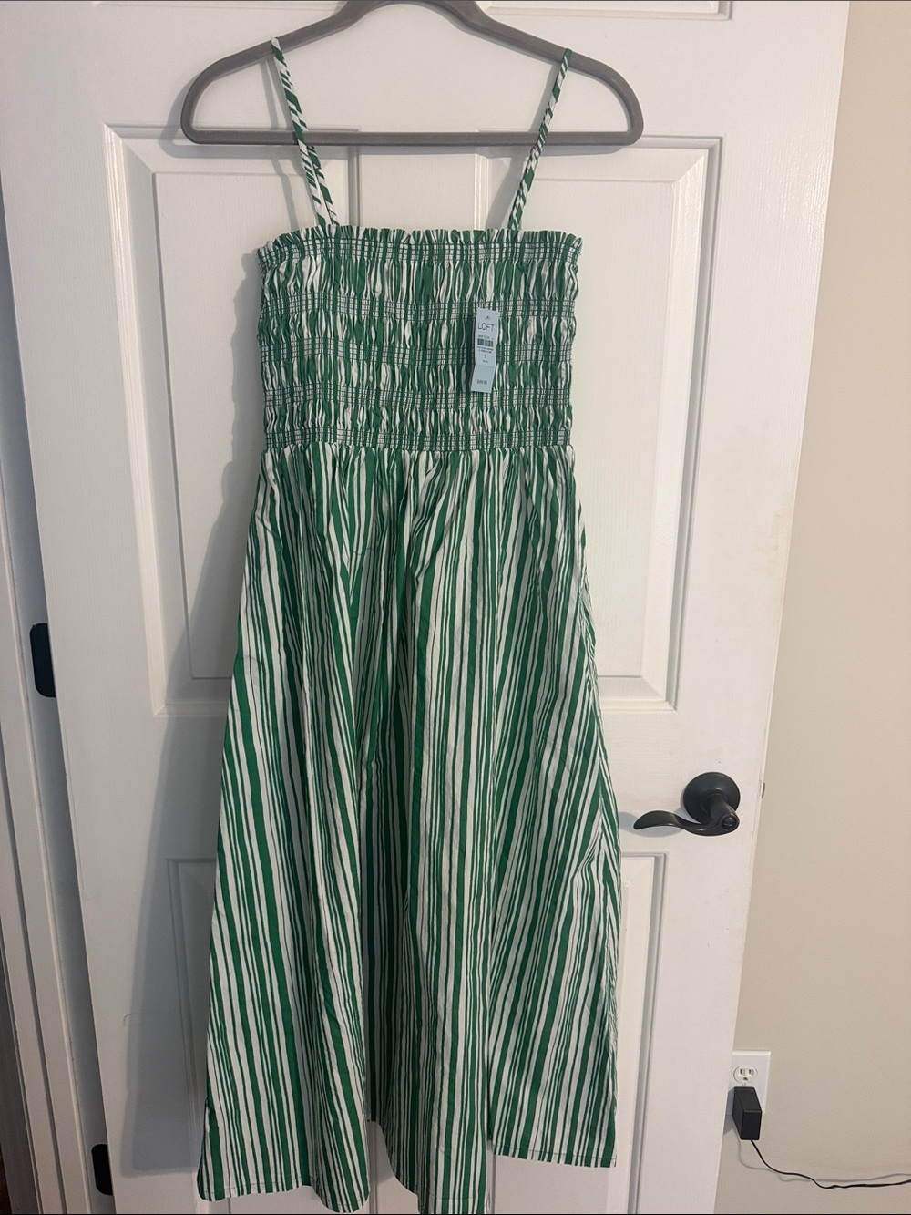 NWT LOFT Green and White Striped Smocked Sundress